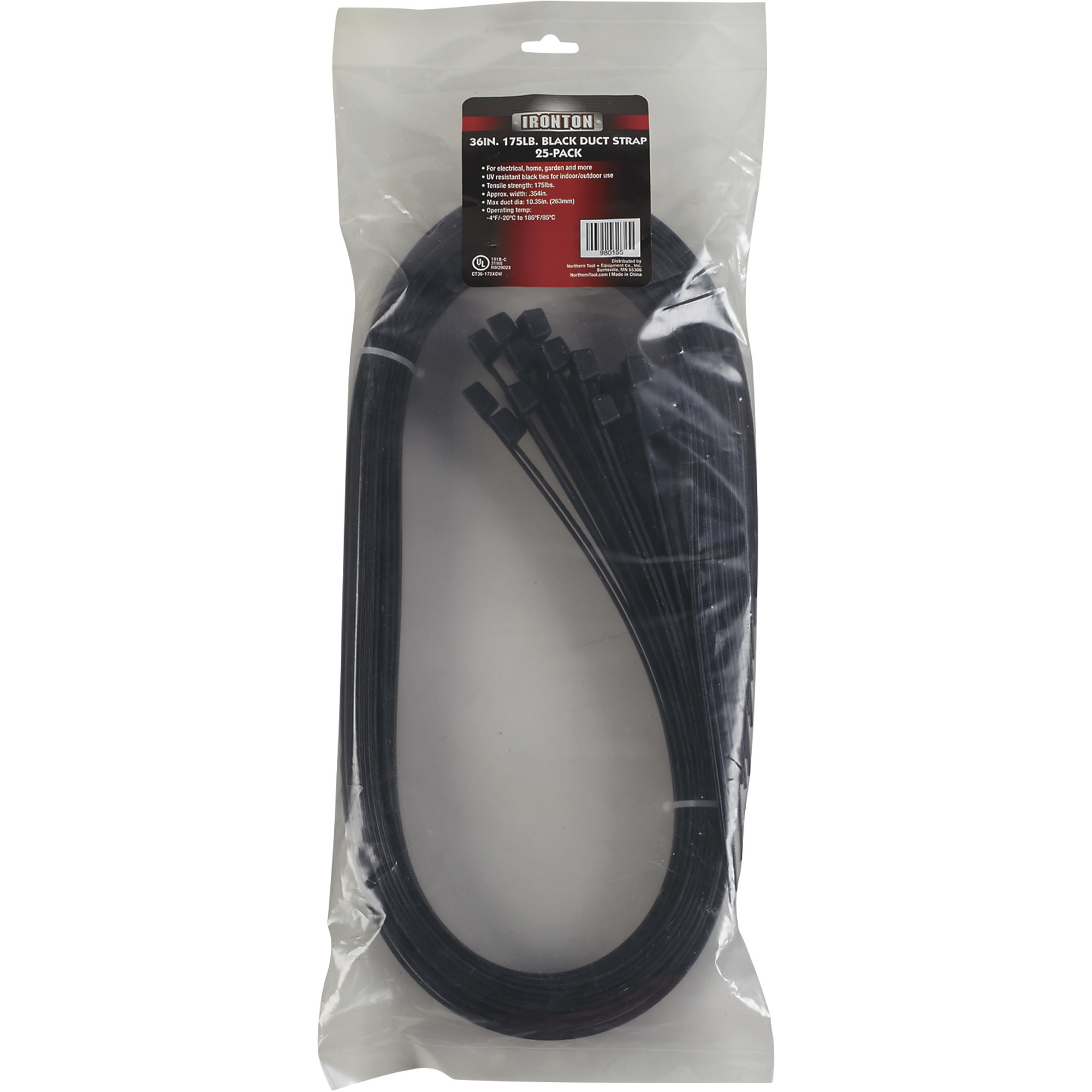 Ironton Cable Zip Ties, 25-Pk., 36in.L x 0.354in.W, 175-Lb. Tensile Strength, Black